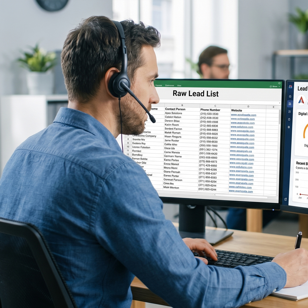 Sales team researching leads before a sales call using a digital lead research checklist