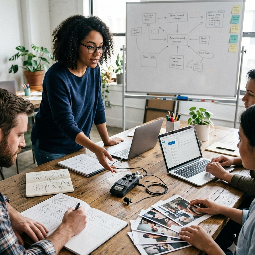Business owner turning meeting transcript into marketing content