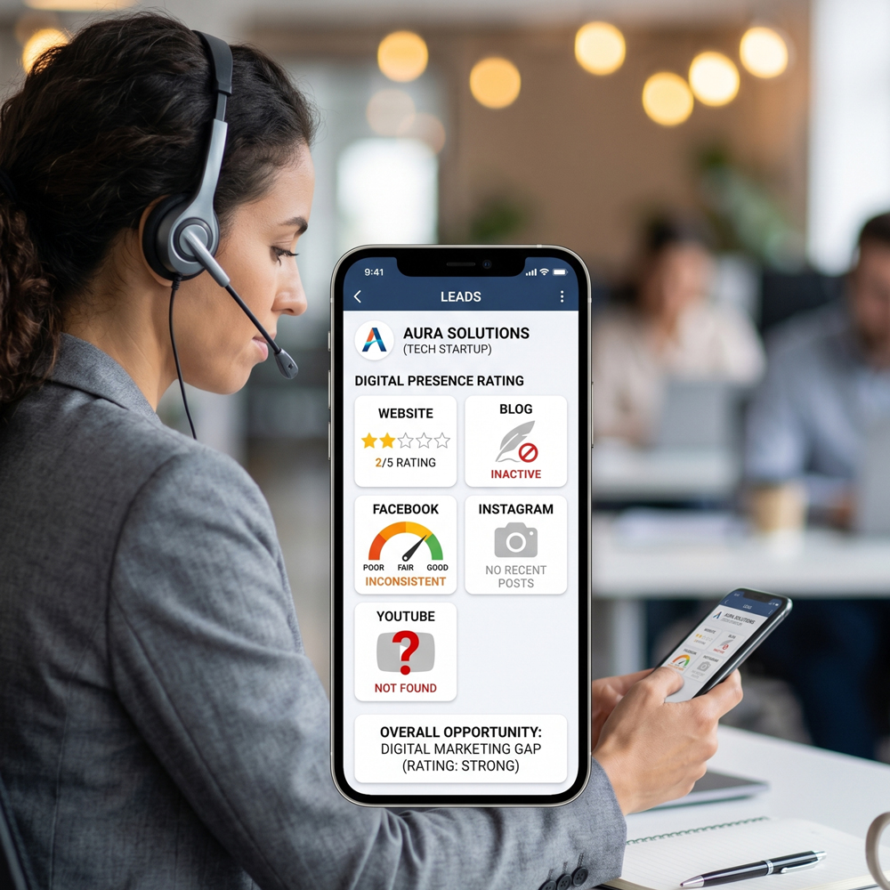 Salesperson reviewing company website and social media before a call